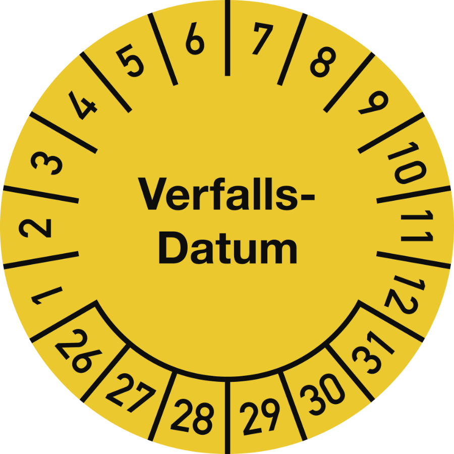 Prüfplakette Verfalls-Datum 2026–2031, Dokumentenfolie, Ø 25 mm
