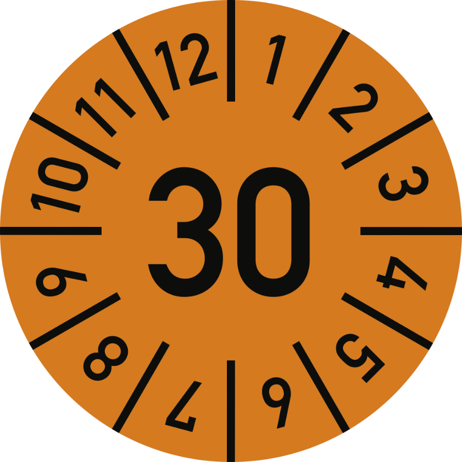 Prüfplakette Jahr 30 mit Monaten - orange, Ø 10 mm, Folie