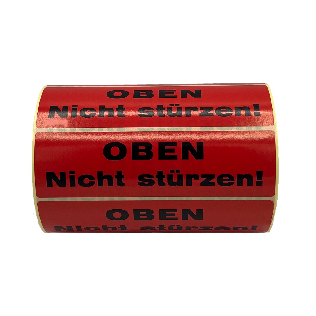 Aufkleber „OBEN – Nicht stürzen“, 14 x 4 cm, Haftpapier, rot/schwarz, 1.000 Stück pro Rolle