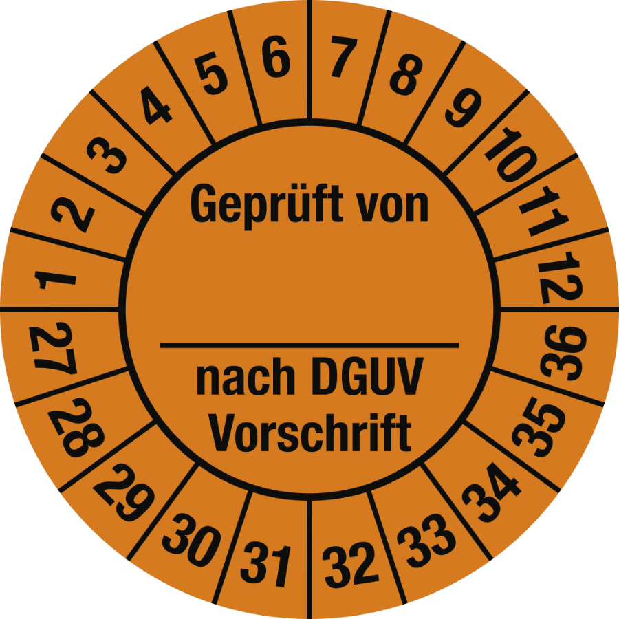 Prüfplakette Geprüft von nach DGUV Vorschrift 2027–2036, Folie, Ø 25 mm