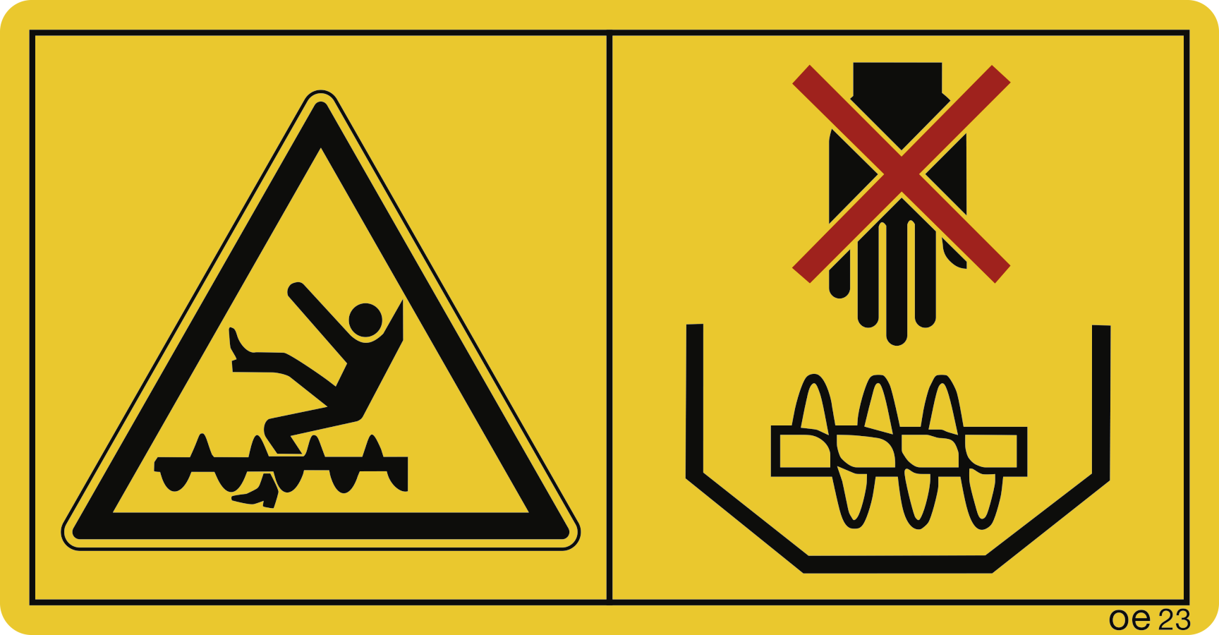 Niemals bei laufendem Motor in den Korntank fassen oder einsteigen. (Querformat), Warnzeichen, ISO 11684, 168x88 mm, Folie, 2 Stück/Bogen