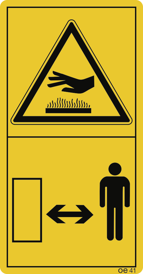 Genügend Abstand von heißen Flächen halten. (Hochformat), Warnzeichen, ISO 11684, 88x168 mm, Folie, 2 Stück/Bogen