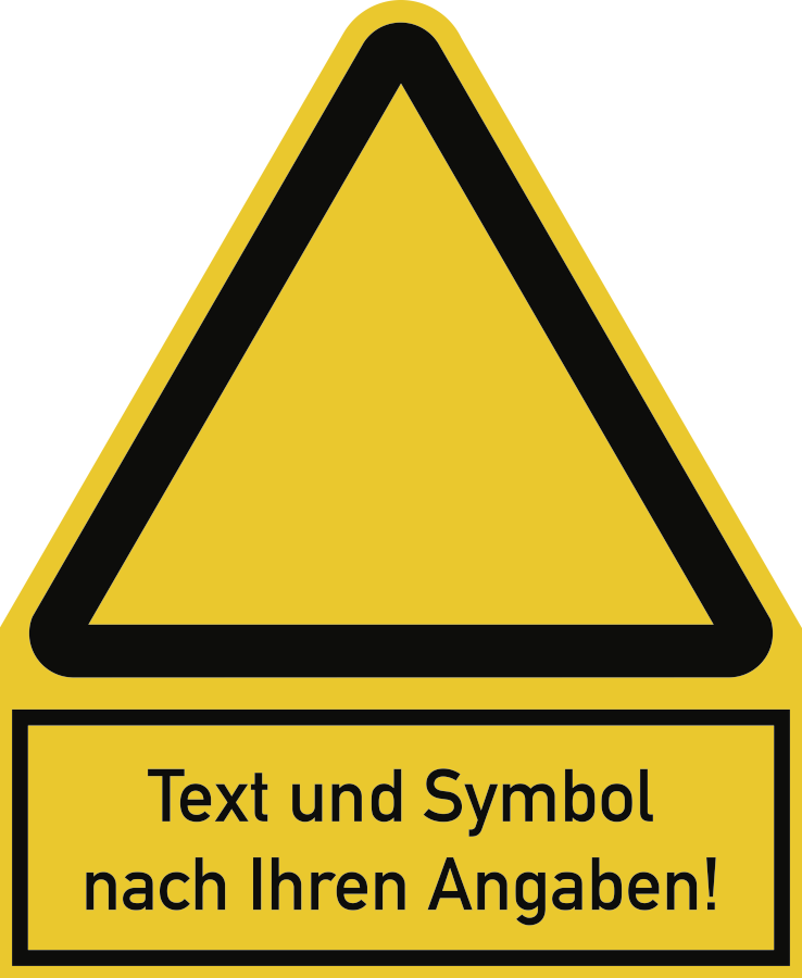 Warnzeichen (Sonderform) mit Standardsymbol und Text nach Ihren Angaben, 200x244 mm, Alu 0,6 mm, Stück