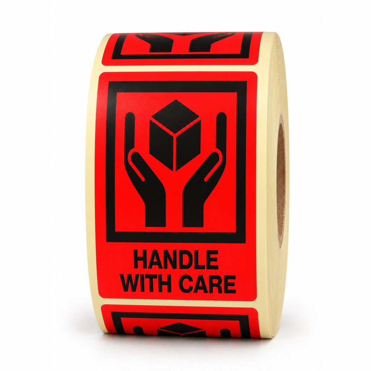 Aufkleber Handle with Care, schwarz auf rot, 7,4 × 10,5 cm, auf Rolle