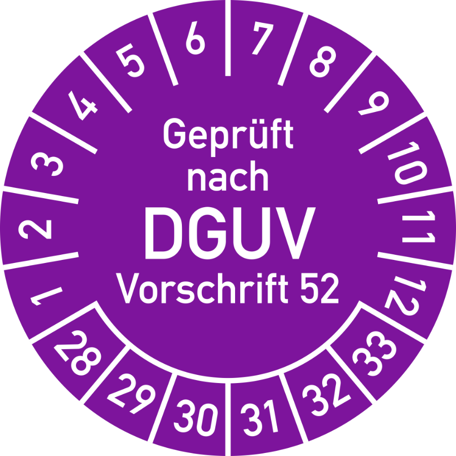 Prüfplakette Geprüft nach DGUV Vorschrift 52, 2028–2033, Polyesterfolie, Ø 40 mm