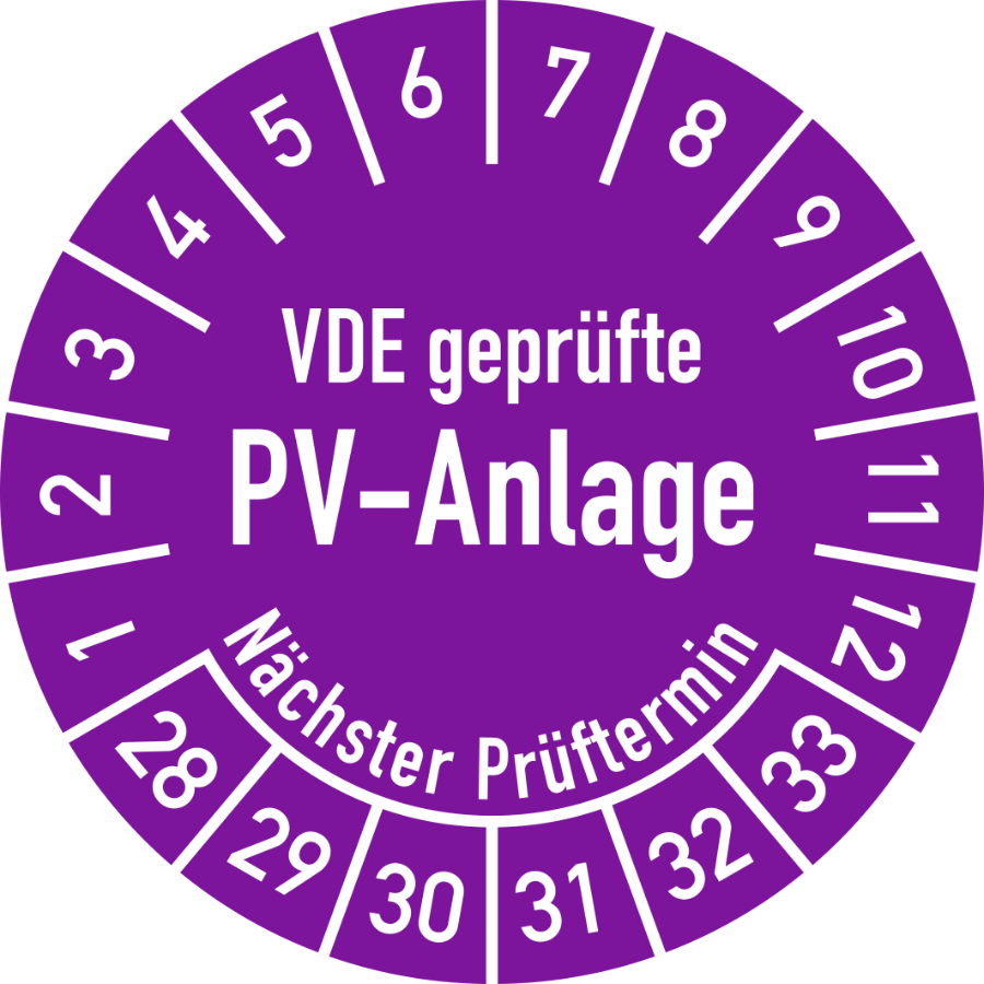 Prüfplakette VDE geprüfte PV-Anlage - Nächster Prüftermin 2028–2033, Folie, Ø 30 mm