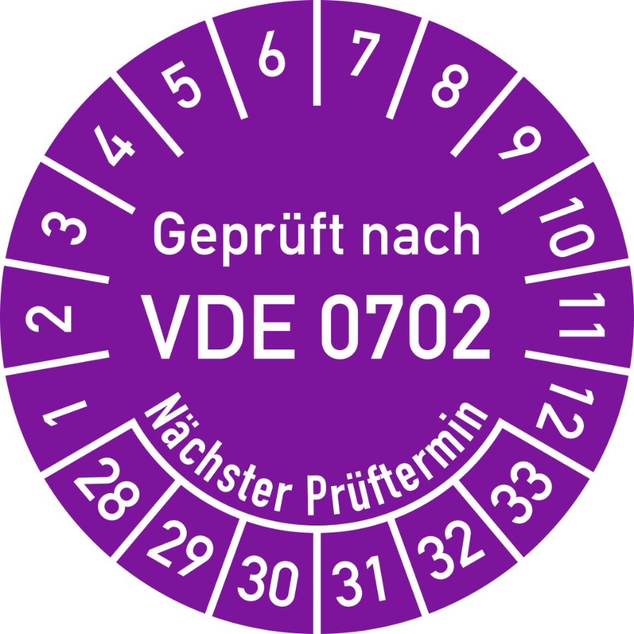 Prüfplakette Geprüft nach VDE 0702 - Nächster Prüftermin 2028–2033, Folie, Ø 30 mm