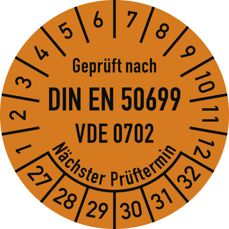Prüfplakette Geprüft nach DIN EN 50699 VDE 0702 Nächster Prüftermin 2027–2032, Folie, Ø 30 mm