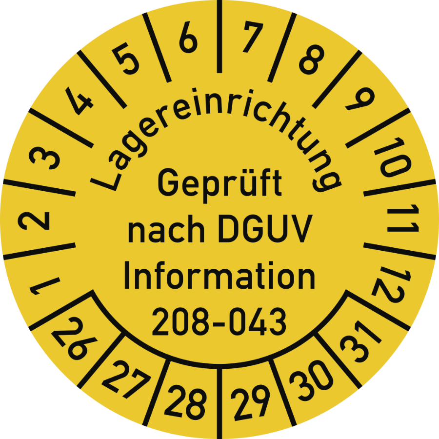 Prüfplakette Lagereinrichtung Geprüft nach DGUV Information 208-043 2026–2031, Folie, Ø 30 mm