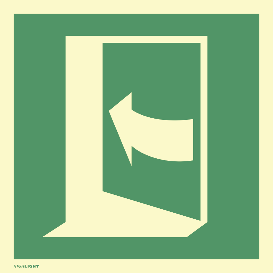 Tür öffnet durch Drücken auf der linken Seite, Rettungszeichen, ISO 7010 E022, 100 x 100 mm, Folie selbstklebend