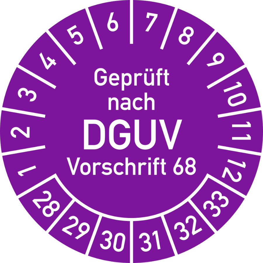 Prüfplakette Geprüft nach DGUV Vorschrift 68, 2028–2033, Polyesterfolie, Ø 40 mm