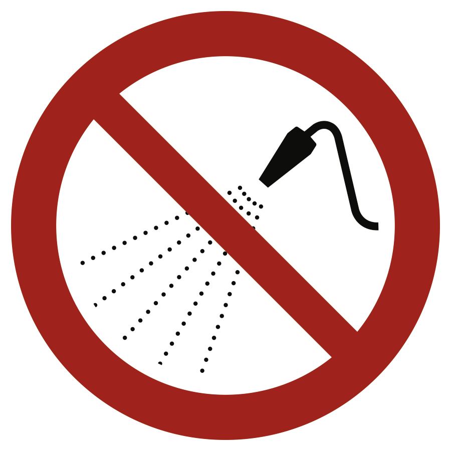 Mit Wasser spritzen verboten, Verbotszeichen, ISO 7010
