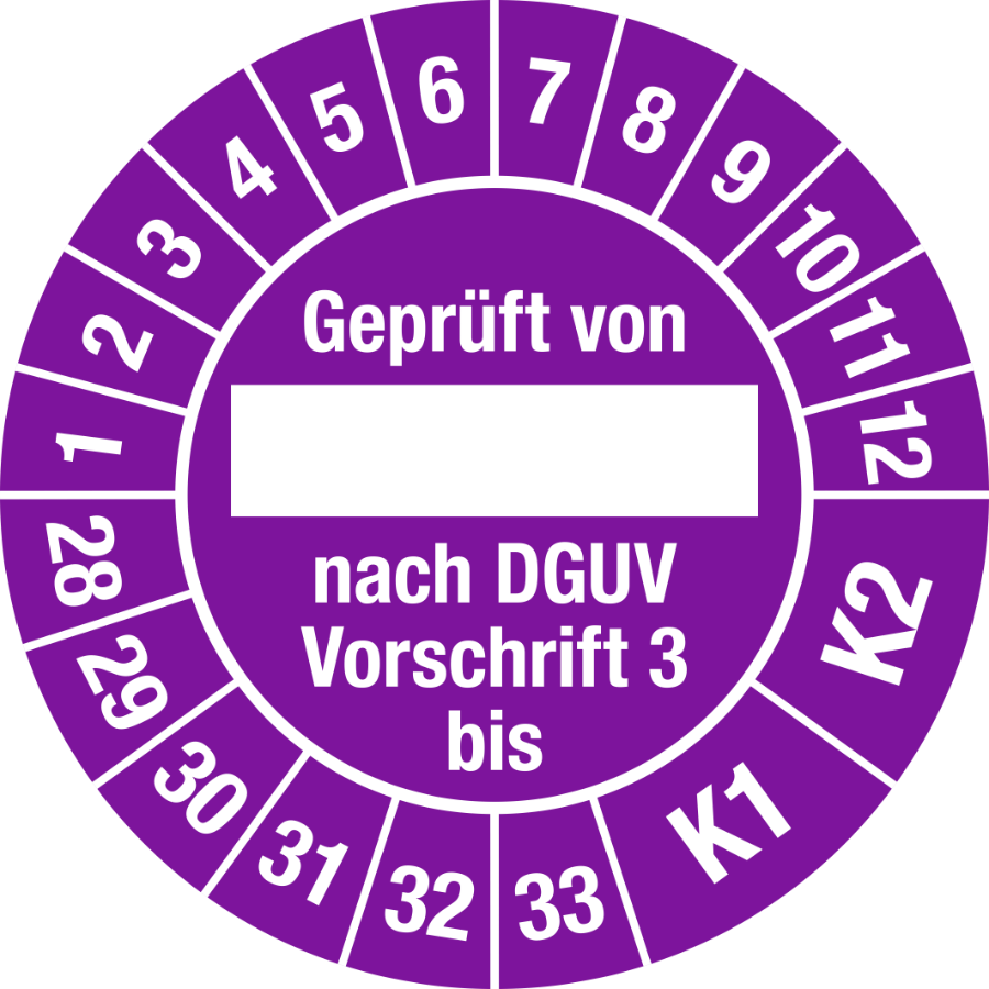 Prüfplakette Geprüft von... nach DGUV Vorschrift 3 bis, K1/K2, 2028 - 2033, Ø 30 mm, Folie