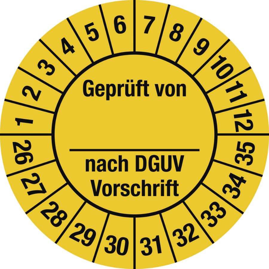 Prüfplakette Geprüft von nach DGUV Vorschrift 2026–2035, Folie, Ø 25 mm