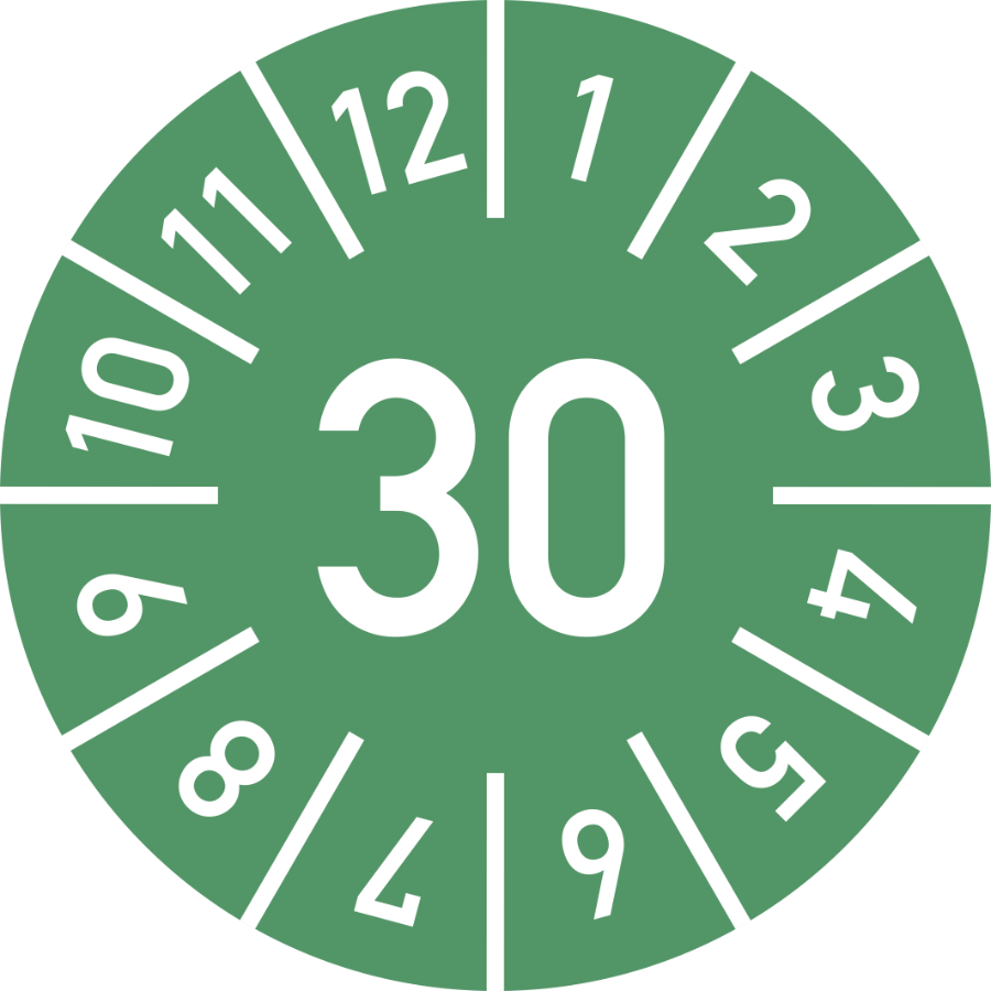 Prüfplakette Jahr 30 mit Monaten - grün, Ø 10 mm, Folie
