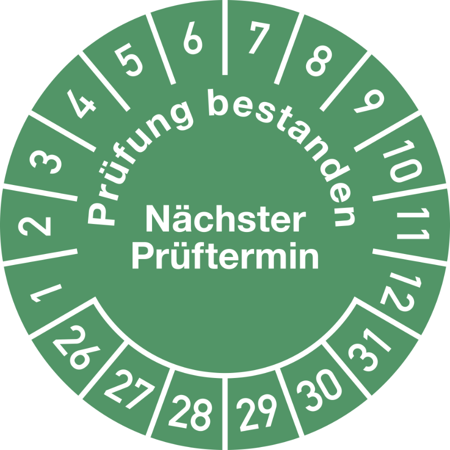 Prüfplakette Prüfung bestanden Nächster Prüftermin 2026–2031, Folie, Ø 30 mm