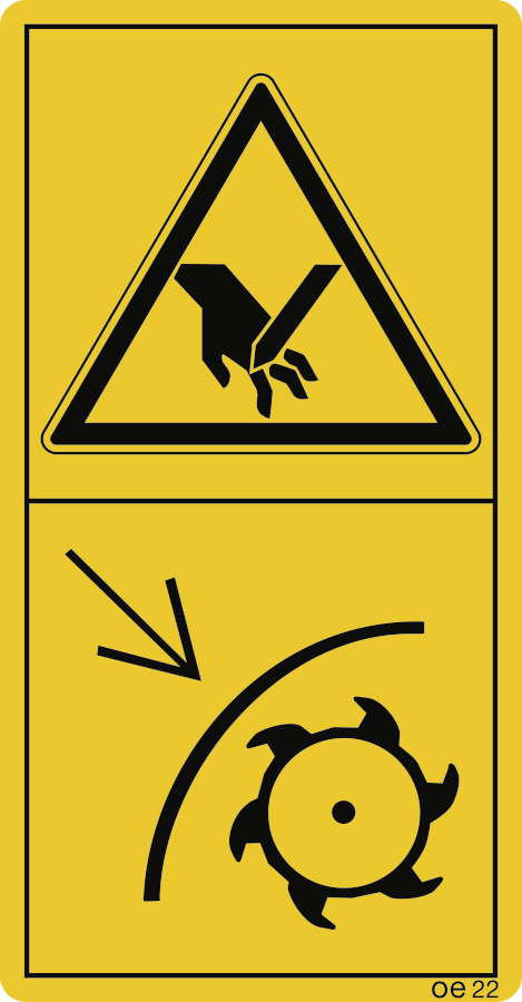 Zum Schleifen der Messer Schutzeinrichtung in Schutzstellung bringen. (Hochformat), Warnzeichen, ISO 11684, 50x96 mm, Folie, 10 Stück/Bogen