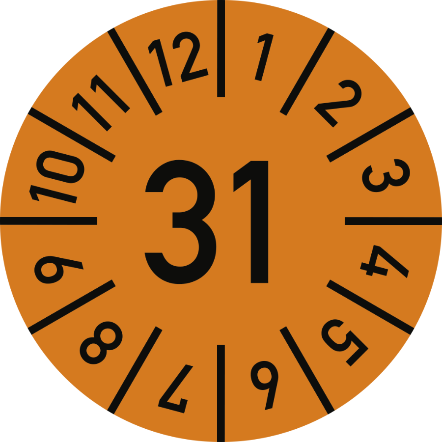 Prüfplakette Jahr 31 mit Monaten - orange, Ø 10 mm, Folie