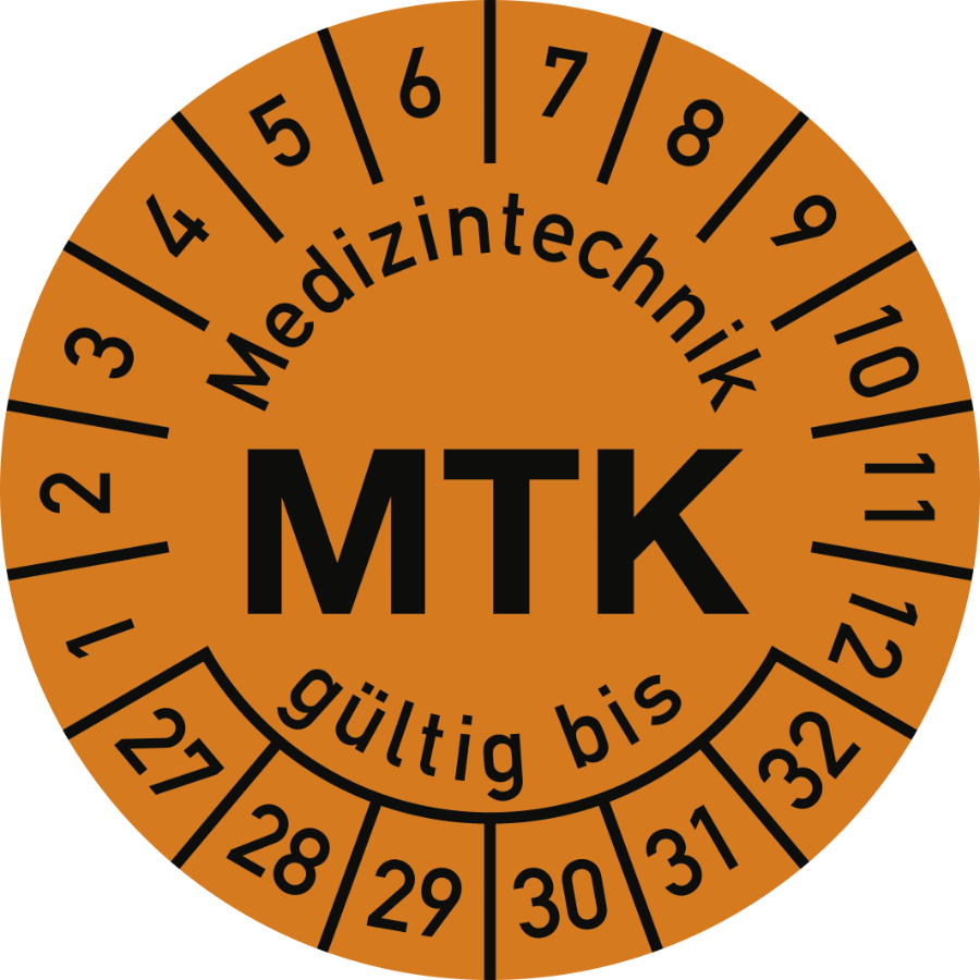 Prüfplakette Medizintechnik MTK 2027–2032, Polyesterfolie, Ø 15 mm