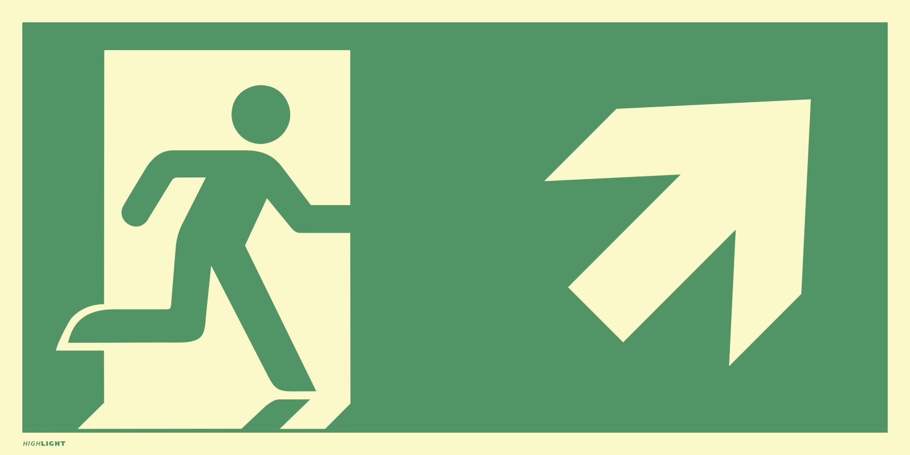 Notausgang (rechts) mit Pfeil rechts oben, Rettungszeichen, 297 × 148 mm, Folie