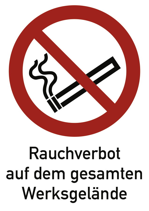 Rauchverbot auf dem gesamten Werksgelände, Verbotszeichen, ISO 7010, 210x297 mm, Alu 0,6 mm