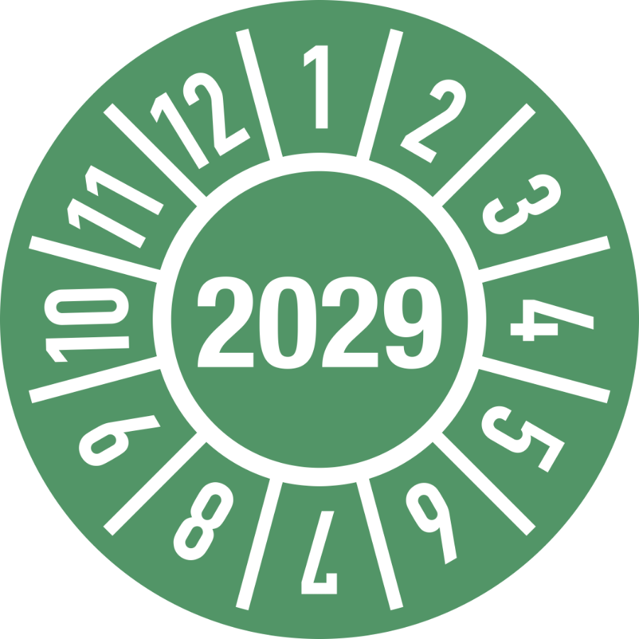 Prüfplakette Jahr 2029 mit Monaten, Ø 15 mm, Folie, 10 Stück/Bogen