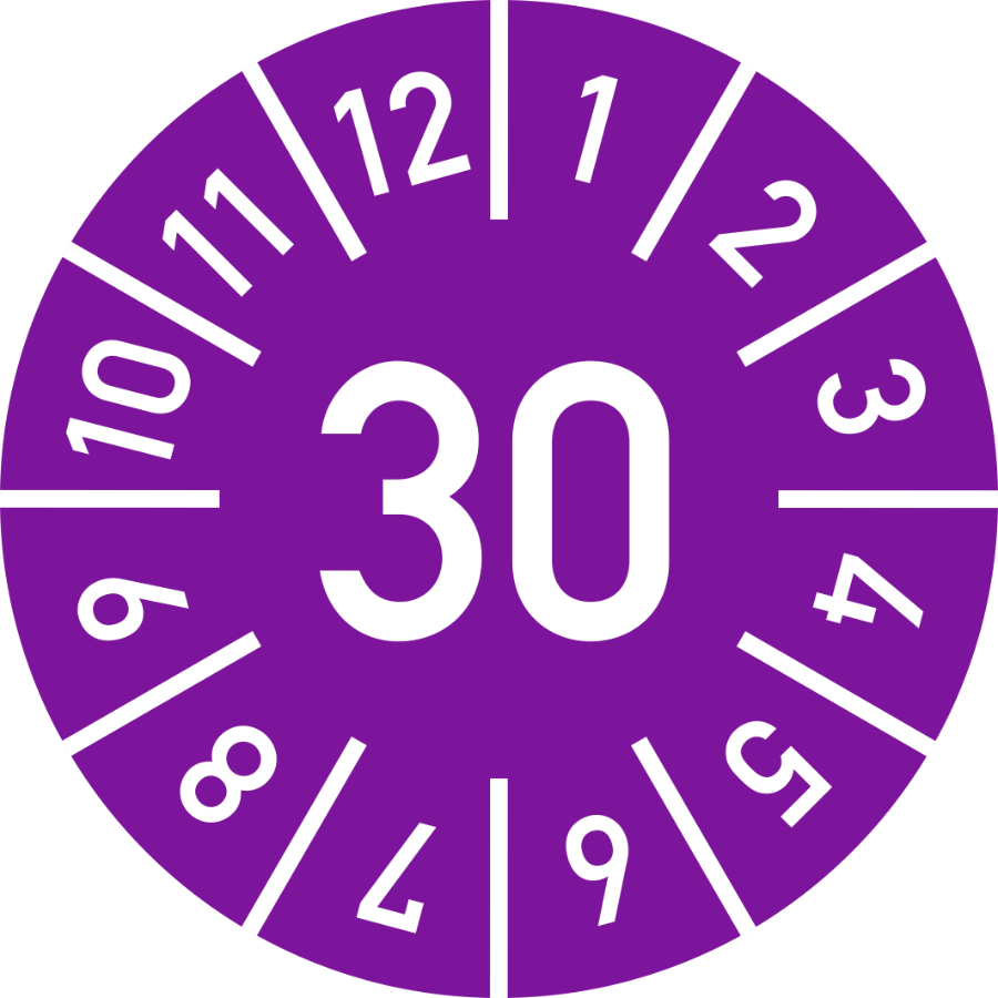 Prüfplakette Jahr 30 mit Monaten - violett, Ø 10 mm, Folie
