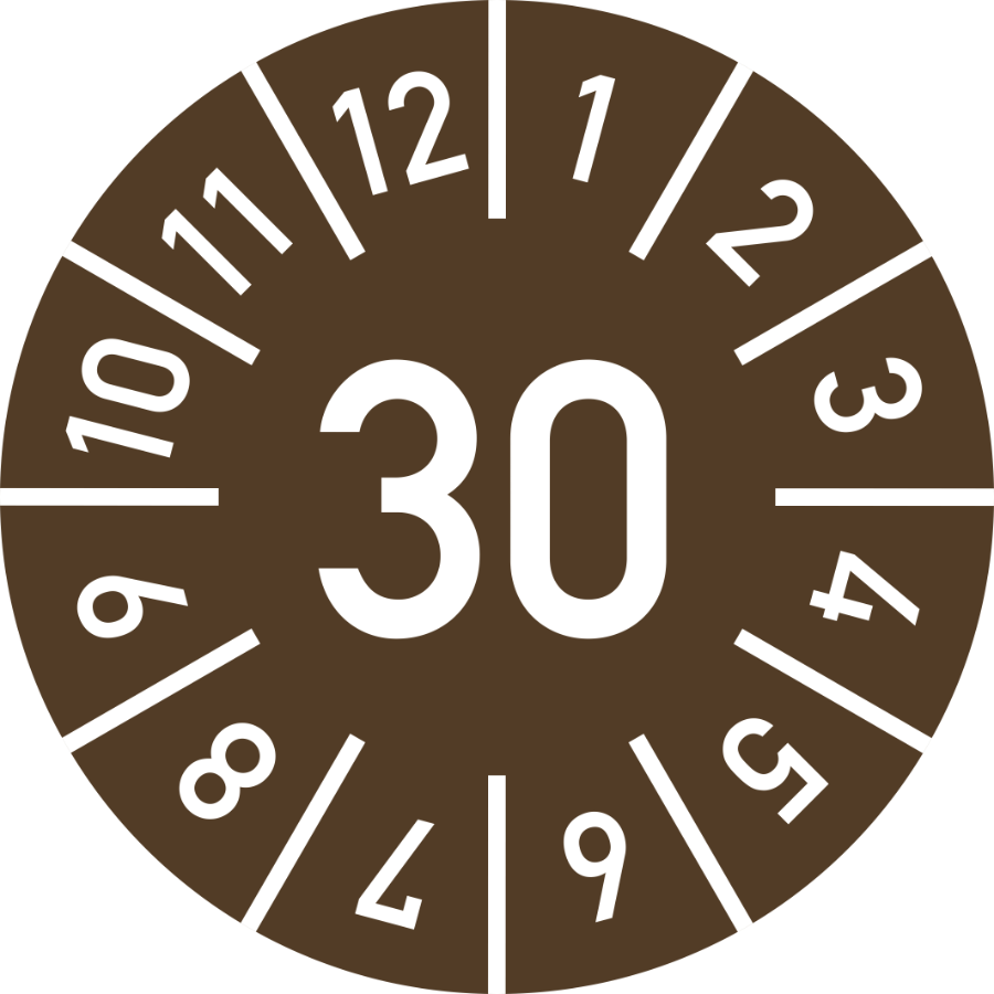 Prüfplakette Jahr 30 mit Monaten - braun, Ø 10 mm, Folie