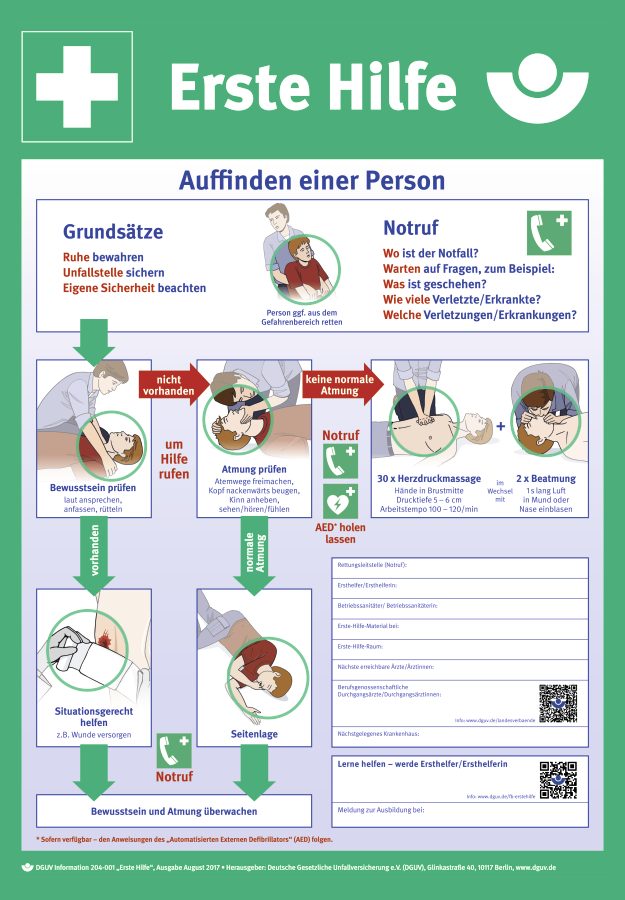 Sicherheitsaushang Erste Hilfe, Rettungszeichen, DGUV-Information-204-001
