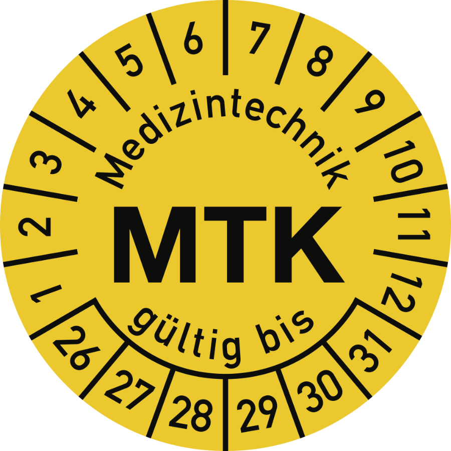 Prüfplakette Medizintechnik MTK 2026–2031, Polyesterfolie, Ø 15 mm