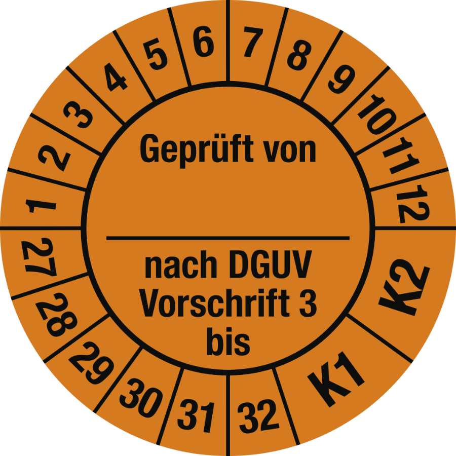 Prüfplakette Geprüft von... nach DGUV Vorschrift 3 bis, K1/K2, 2027 - 2032, Ø 30 mm, Folie