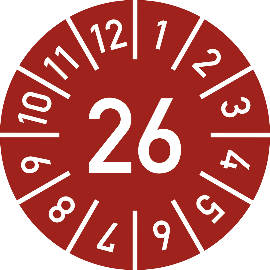 Prüfplakette Jahr 26 mit Monaten - rot, Ø 10 mm, Folie
