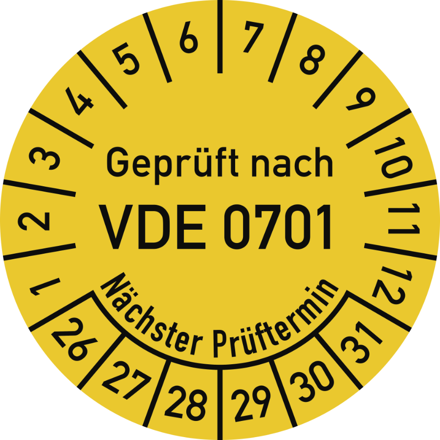 Prüfplakette Geprüft nach VDE 0701 - Nächster Prüftermin 2026–2031, Folie, Ø 30 mm