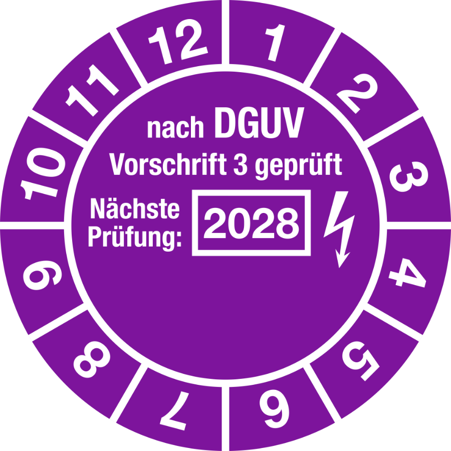 Prüfplakette nach DGUV Vorschrift 3 geprüft Nächste Prüfung 2028, Ø 30 mm, Folie