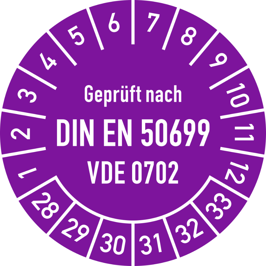 Prüfplakette Geprüft nach DIN EN 50699 - VDE 0702 2028–2033, Folie, Ø 30 mm