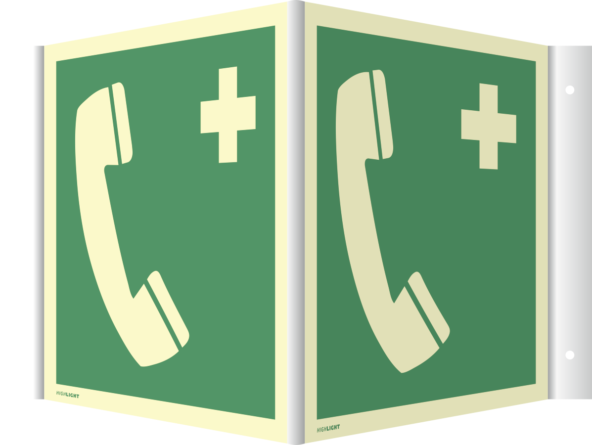 Winkelschild Notruftelefon, Rettungszeichen, ISO 7010 E004, 200 x 200 mm, Kunststoff