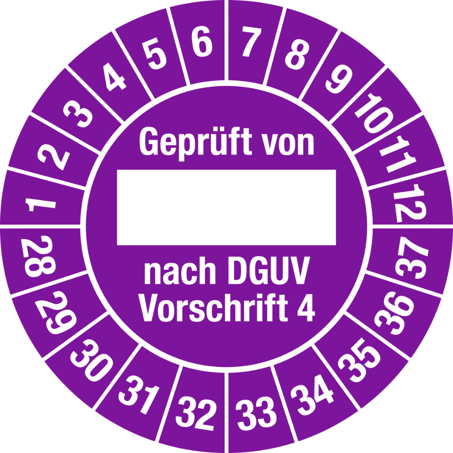 Prüfplakette Geprüft nach DGUV Vorschrift 4, 2028–2037, Folie, Ø 25 mm
