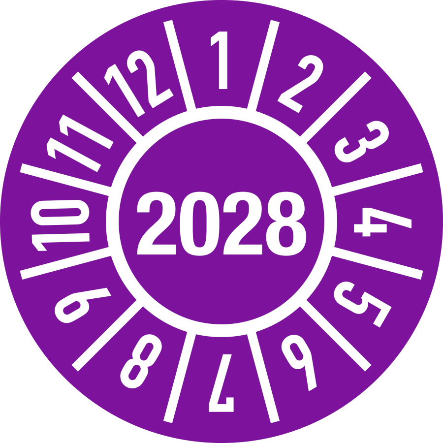 Prüfplakette Jahr 2028 mit Monaten, Ø 30 mm, Folie-Spezialkleber