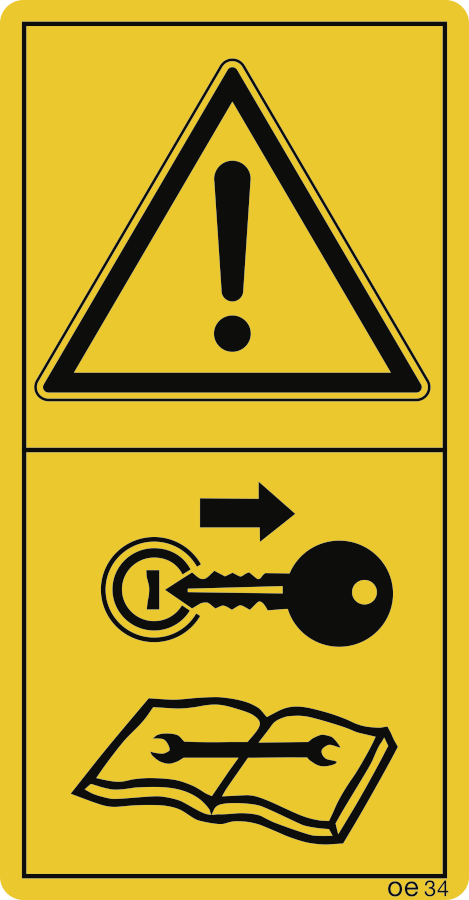 Vor Wartungs- und Reparaturarbeiten Motor abstellen und Schlüssel abziehen. (Hochformat), Warnzeichen, ISO 11684, 88x168 mm, Folie, 2 Stück/Bogen