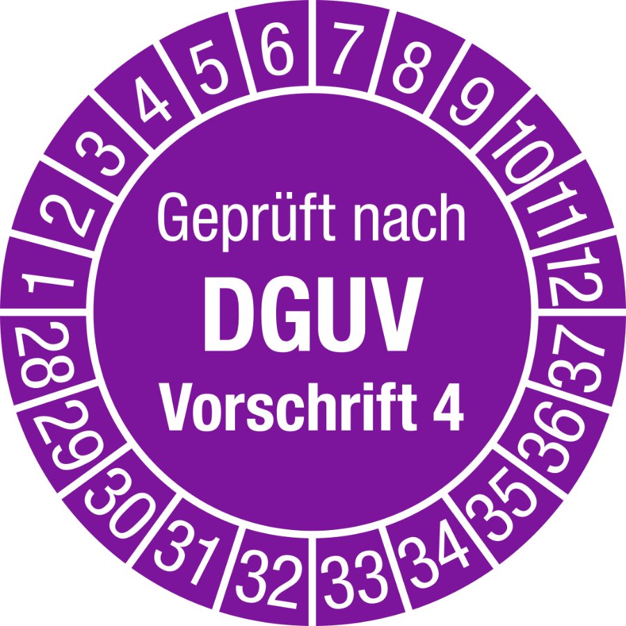 Prüfplakette Geprüft nach DGUV Vorschrift 4, 2028–2037, Folie, Ø 20 mm