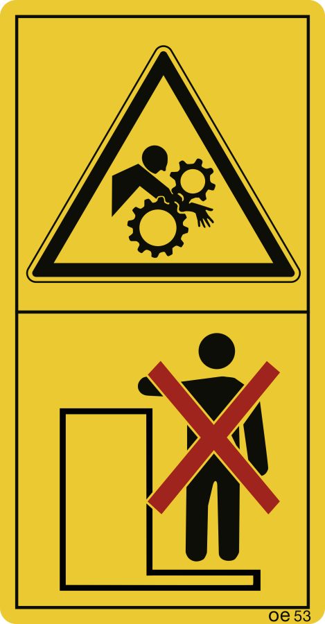 Nicht auf die Maschine steigen, solange der Motor läuft. (Hochformat), Warnzeichen, ISO 11684, 88x168 mm, Folie, 2 Stück/Bogen