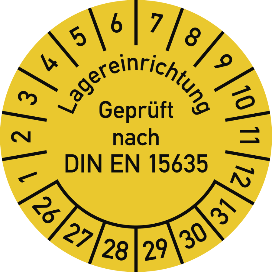 Prüfplakette Lagereinrichtung Geprüft nach DIN EN 15635 2026–2031, Folie, Ø 30 mm