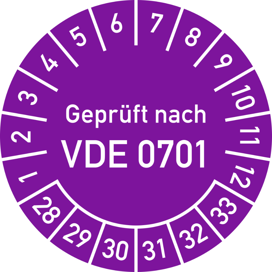 Prüfplakette Geprüft nach VDE 0701 2028–2033, Folie, Ø 30 mm
