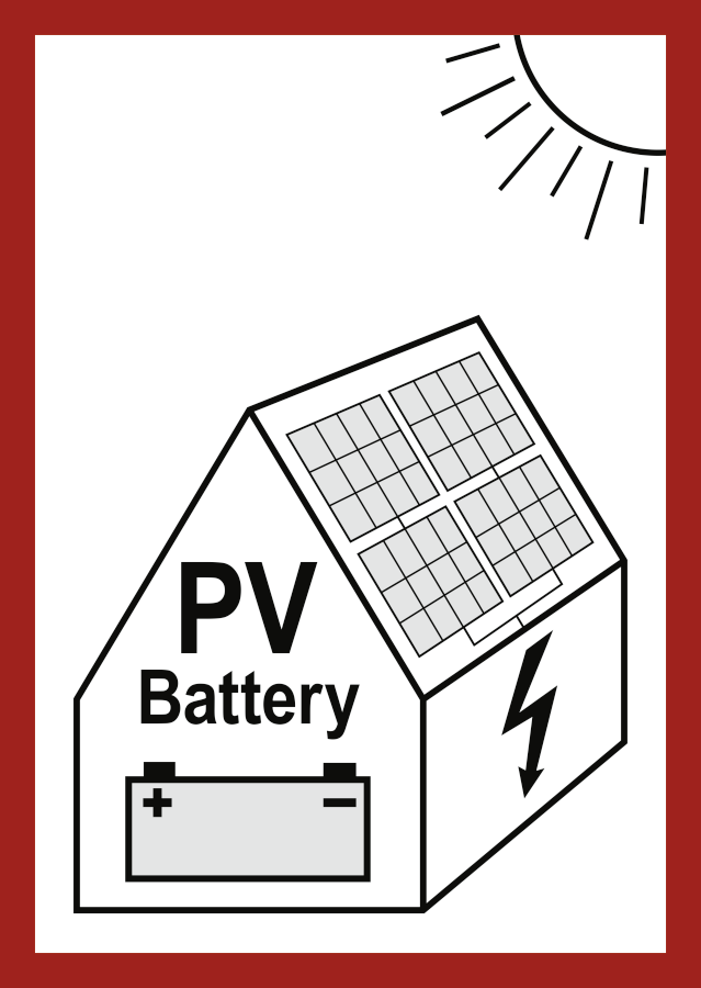 Hinweis auf eine PV-Anlage (Photovoltaikanlage) mit Batteriespeicher, Brandschutzzeichen, DIN VDE 0100-712, 105x148 mm, Folie, Stück