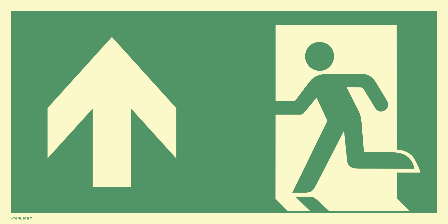 Notausgang (links) mit Richtungspfeil oben, Rettungszeichen, ISO 7010