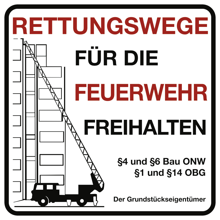 Rettungswege für die Feuerwehr freihalten mit Bauordnung und §, Brandschutzzeichen