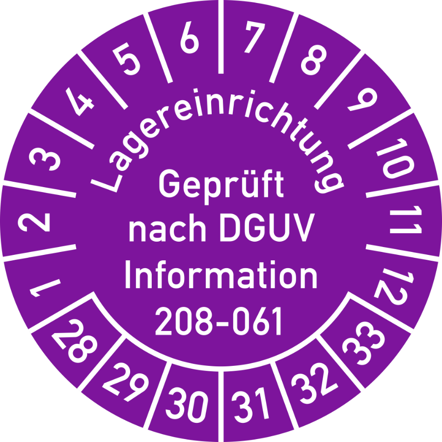 Prüfplakette Lagereinrichtung Geprüft nach DGUV Information 208-061 2028–2033, Folie, Ø 30 mm