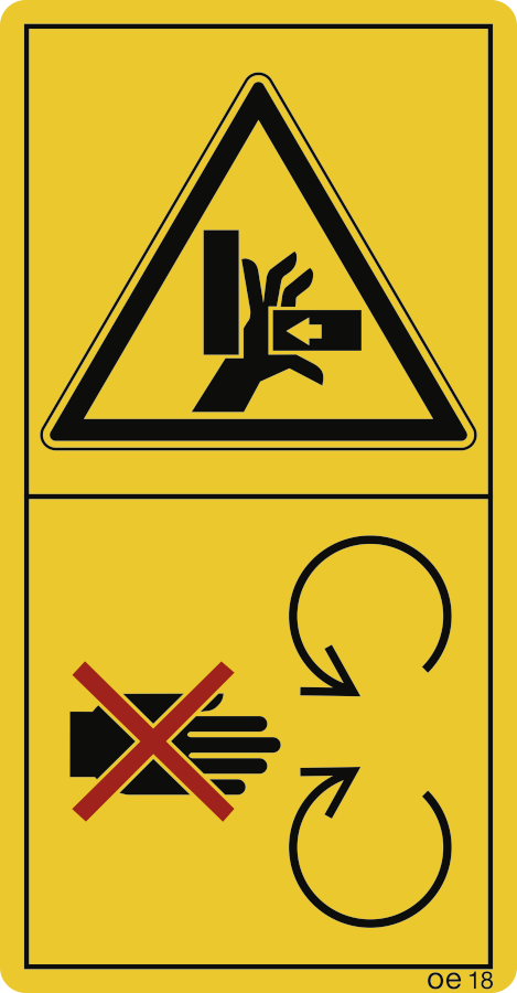 Niemals in den Nadel- und Knoterbereich..., (Hochformat), Warnzeichen, ISO 11684, 35x68 mm, Folie, 10 Stück/Bogen
