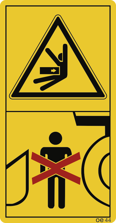 Niemals in den Gefahrenbereich zwischen Vorsatzgerät und Maschine treten. (Hochformat), Warnzeichen, ISO 11684, 88x168 mm, Folie, 2 Stück/Bogen