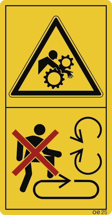 Ladefläche niemals bei eingeschaltetem Antrieb und laufendem Motor betreten. (Hochformat), Warnzeichen, ISO 11684, 50x96 mm, Folie, 10 Stück/Bogen